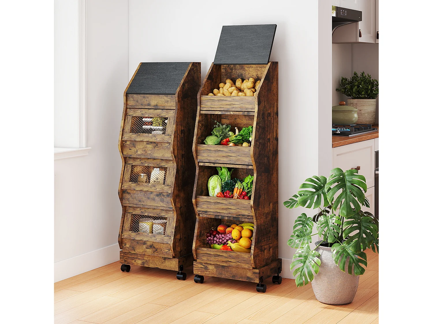 Armoire de rangement de cuisine - Puluomis - 4 compartiments, porte rabattable, roulettes 360°, grille d’aération, charge 20 kg - Brun