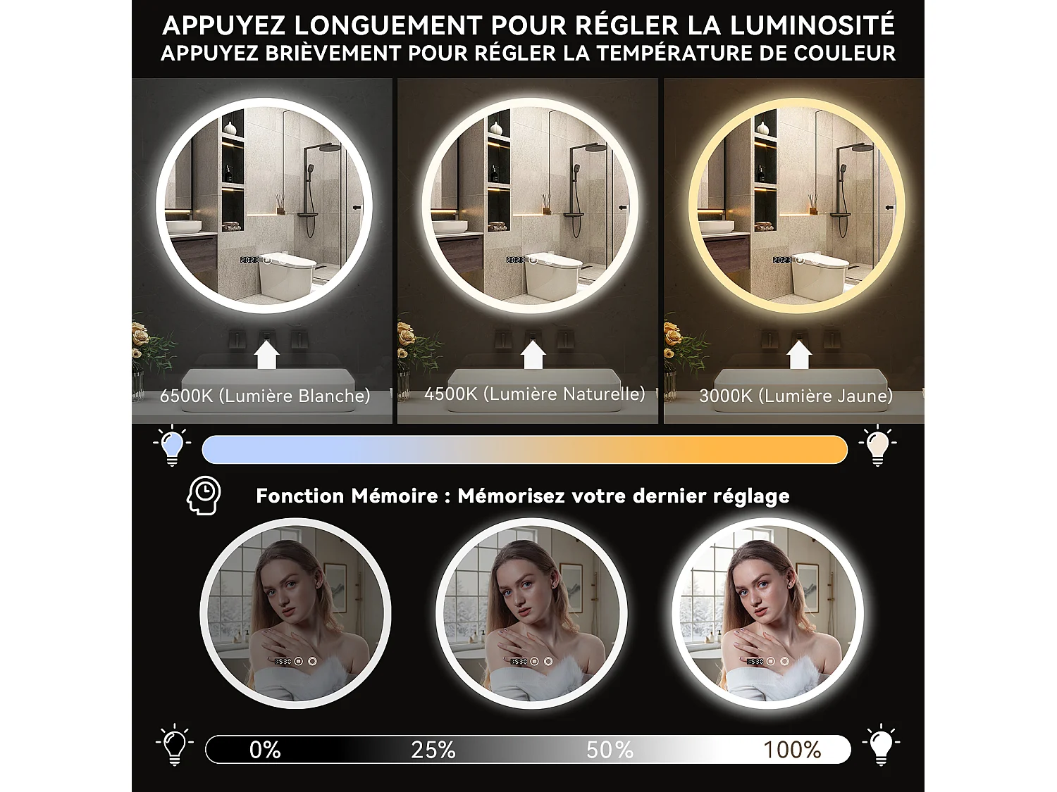 50 cm Miroir rond de salle de bain - Puluomis - Lumière LED réglable, fonction désembuage, affichage horaire, IP44 - Argenté