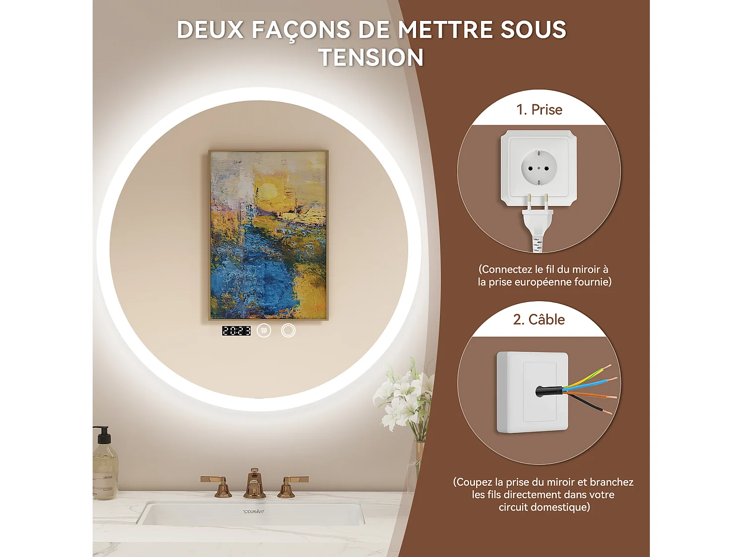 50 cm Miroir rond de salle de bain - Puluomis - Lumière LED réglable, fonction désembuage, affichage horaire, IP44 - Argenté