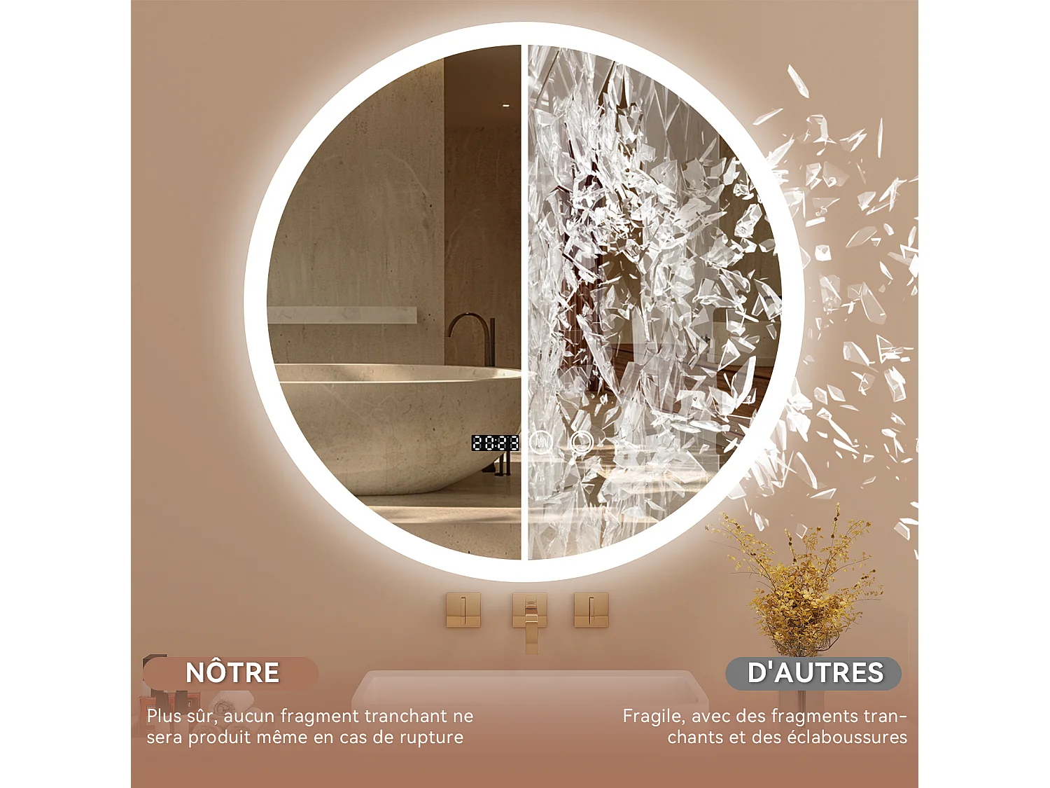 50 cm Miroir rond de salle de bain - Puluomis - Lumière LED réglable, fonction désembuage, affichage horaire, IP44 - Argenté