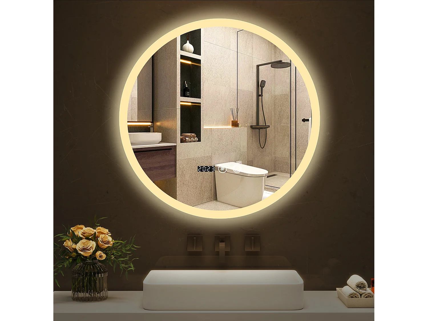 50 cm Miroir rond de salle de bain - Puluomis - Lumière LED réglable, fonction désembuage, affichage horaire, IP44 - Argenté