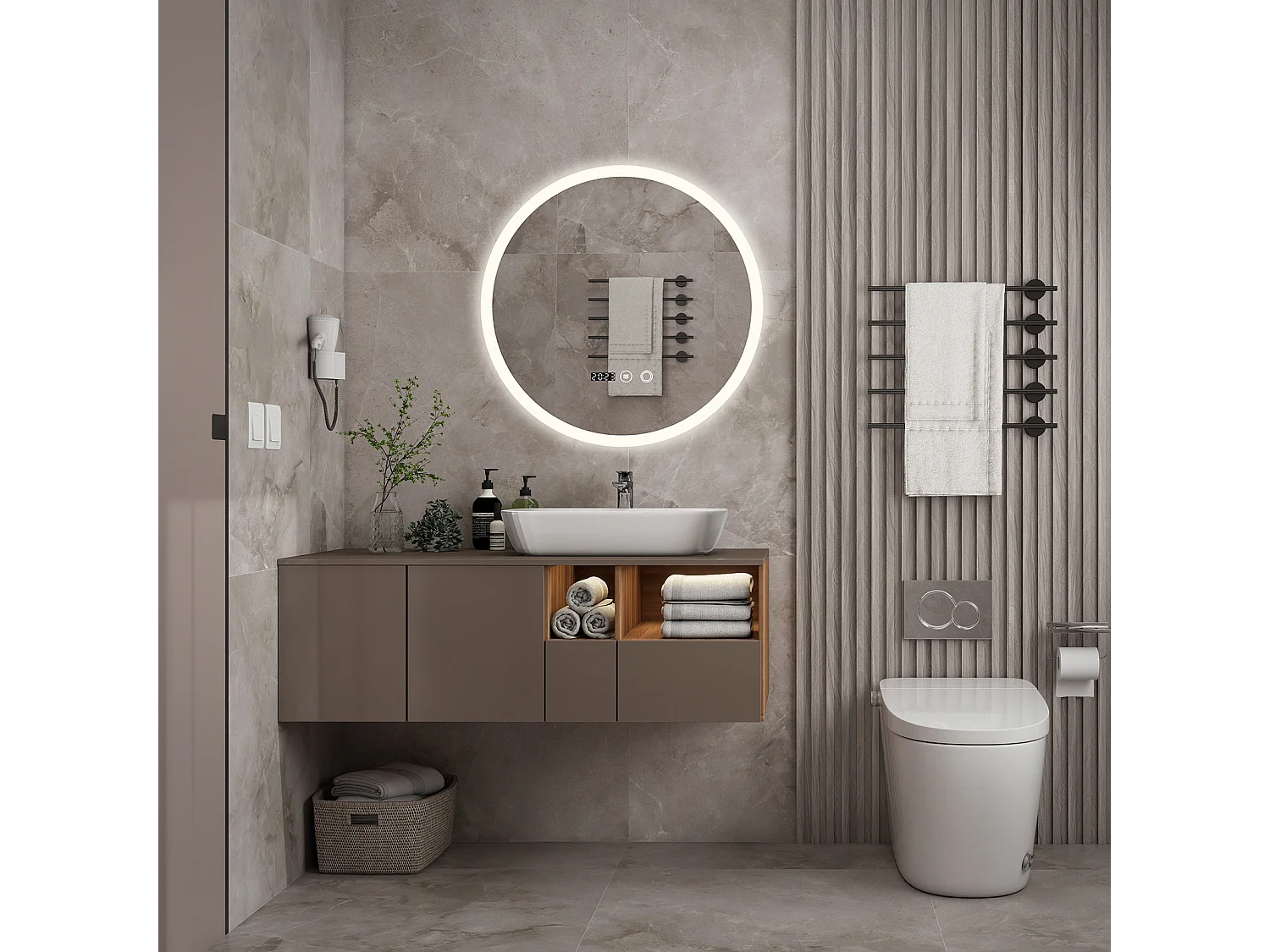 50 cm Miroir rond de salle de bain - Puluomis - Lumière LED réglable, fonction désembuage, affichage horaire, IP44 - Argenté