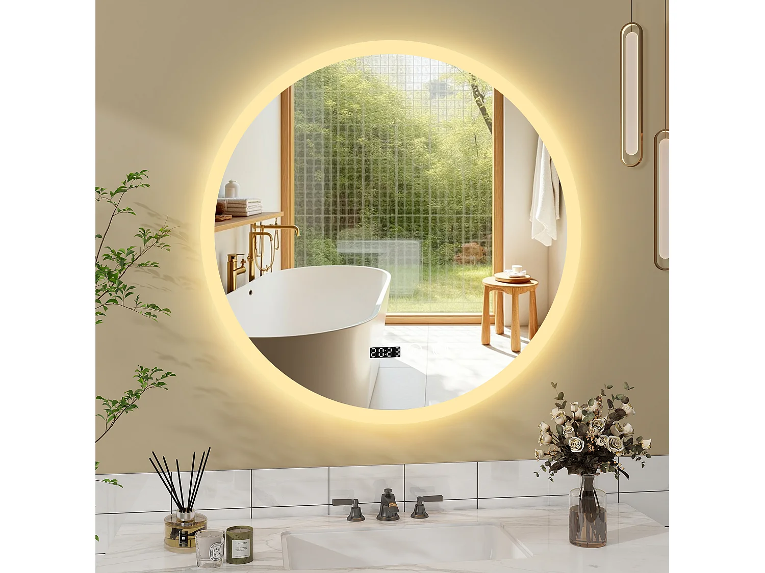 50 cm Miroir rond de salle de bain - Puluomis - Lumière LED réglable, fonction désembuage, affichage horaire, IP44 - Argenté