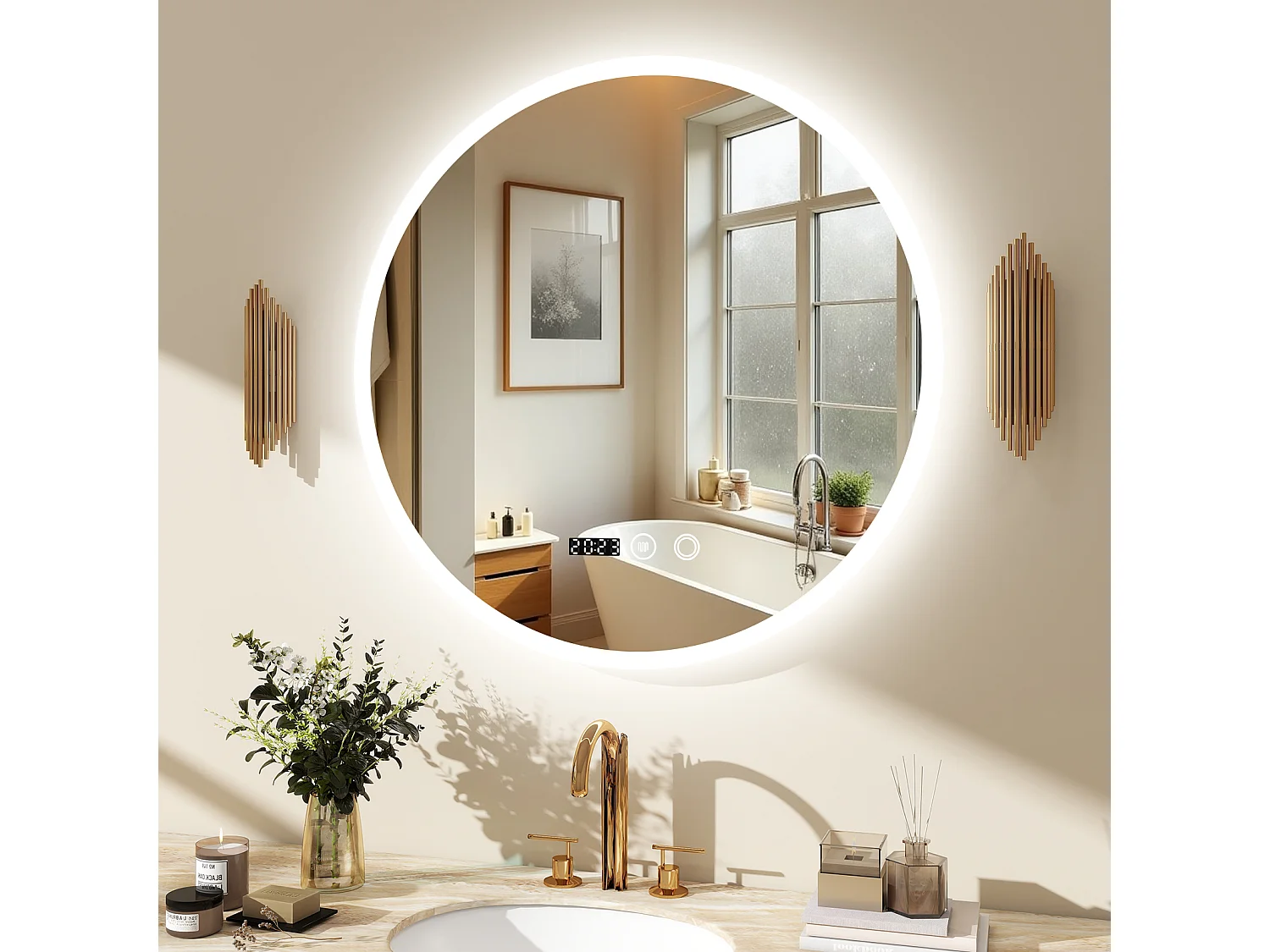 50 cm Miroir rond de salle de bain - Puluomis - Lumière LED réglable, fonction désembuage, affichage horaire, IP44 - Argenté