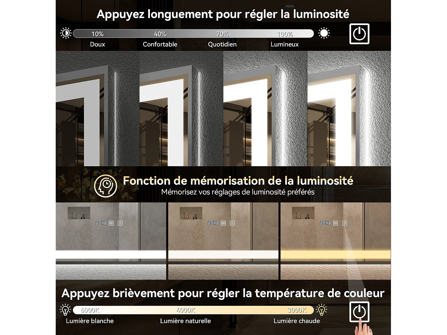 Miroir de salle de bain à LED 100 x 60 cm - Puluomis - éclairage réglable, anti‑buée, affichage horaire - Argent