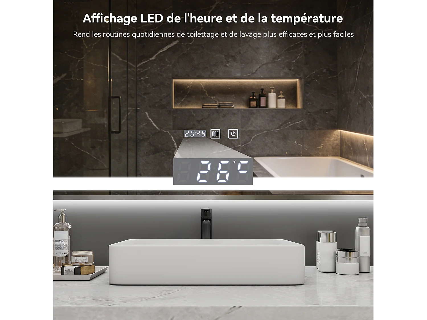 Miroir de salle de bain à LED 100 x 60 cm - Puluomis - éclairage réglable, anti‑buée, affichage horaire - Argent