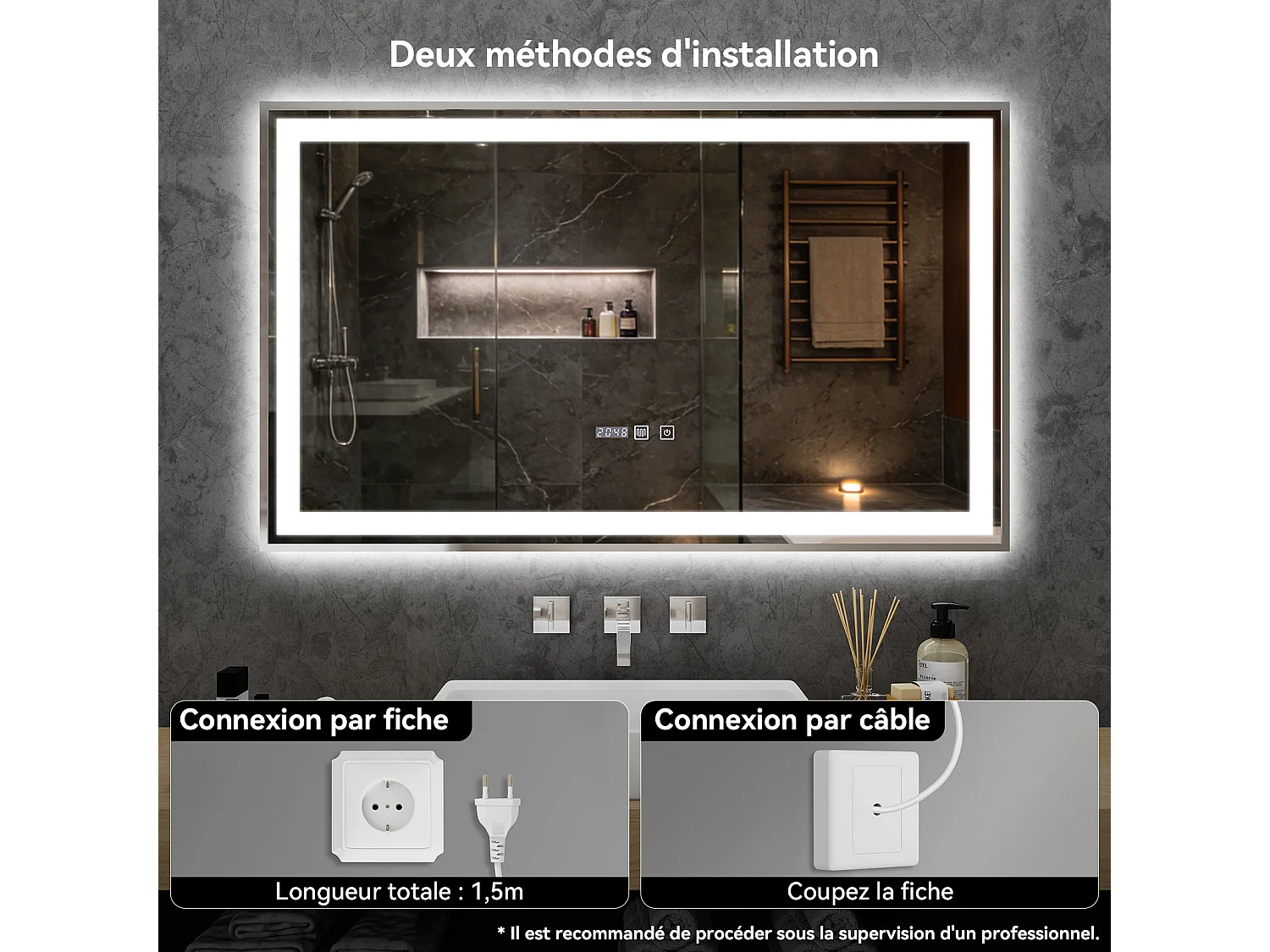 Miroir de salle de bain à LED 100 x 60 cm - Puluomis - éclairage réglable, anti‑buée, affichage horaire - Argent