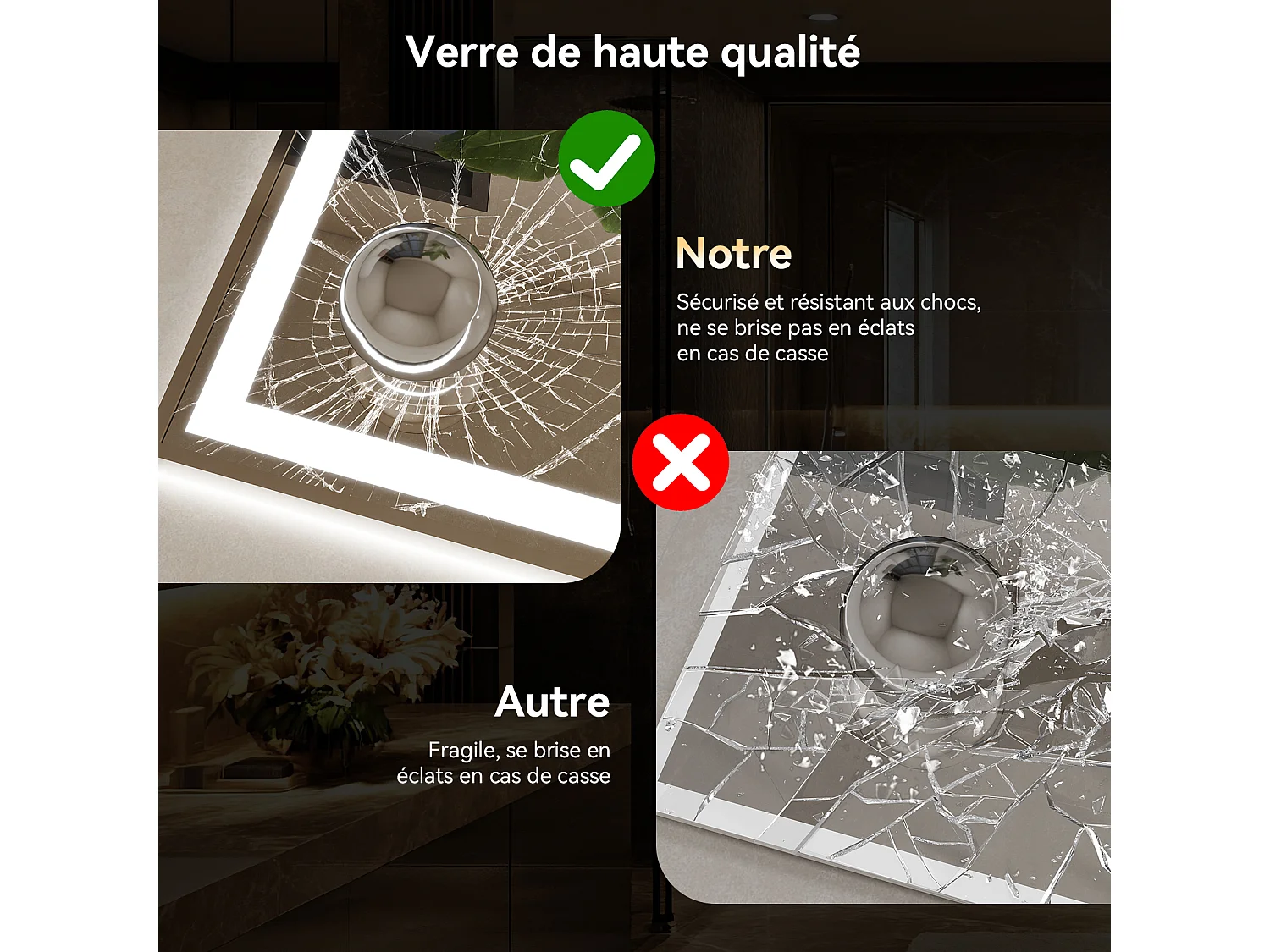 Miroir de salle de bain à LED 100 x 60 cm - Puluomis - éclairage réglable, anti‑buée, affichage horaire - Argent