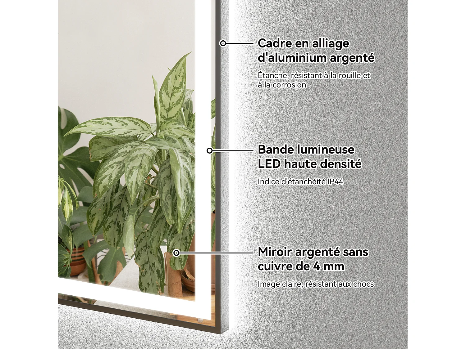 Miroir de salle de bain à LED 100 x 60 cm - Puluomis - éclairage réglable, anti‑buée, affichage horaire - Argent