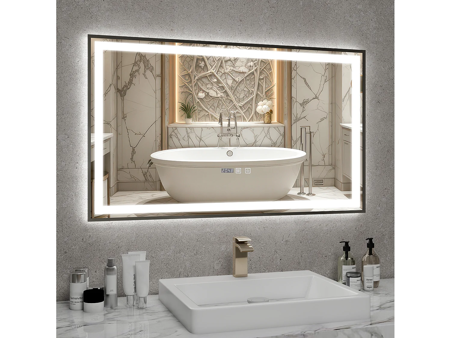 Miroir de salle de bain à LED 100 x 60 cm - Puluomis - éclairage réglable, anti‑buée, affichage horaire - Argent