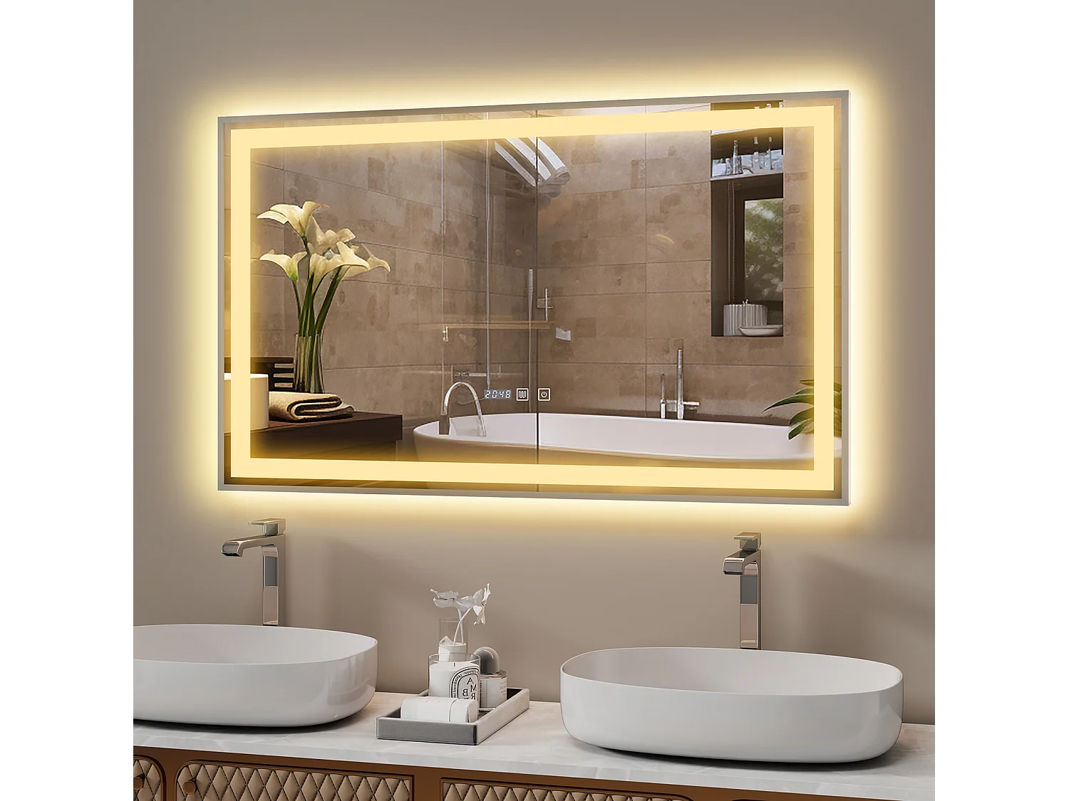 Miroir de salle de bain à LED 100 x 60 cm - Puluomis - éclairage réglable, anti‑buée, affichage horaire - Argent