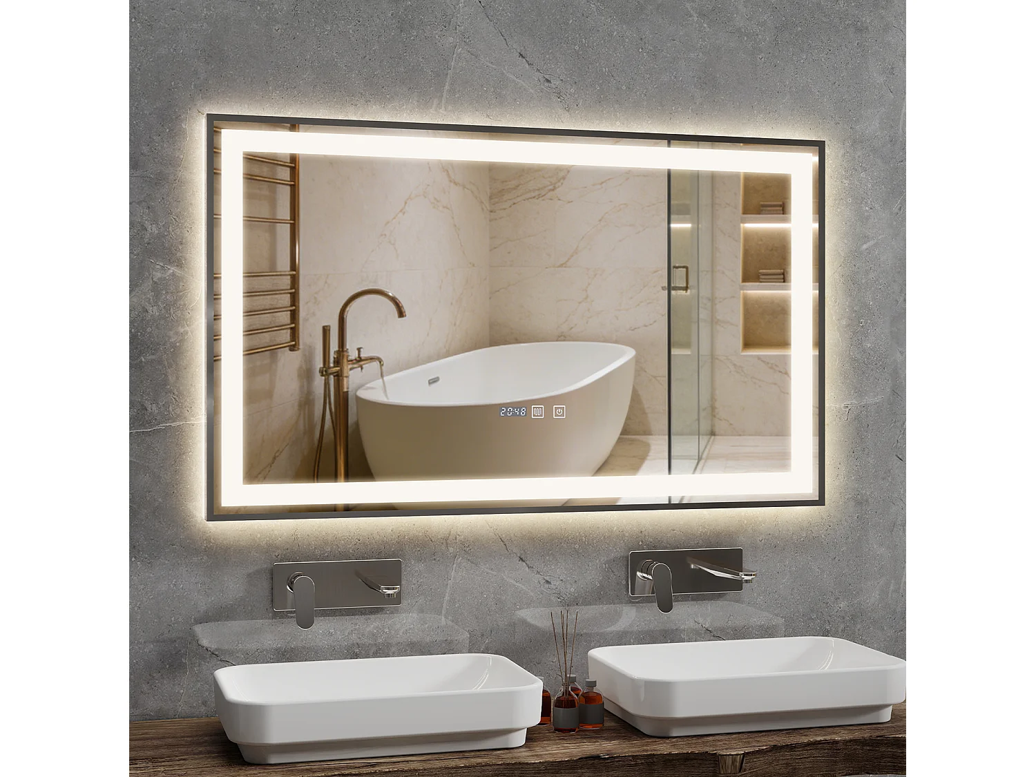 Miroir de salle de bain à LED 100 x 60 cm - Puluomis - éclairage réglable, anti‑buée, affichage horaire - Argent