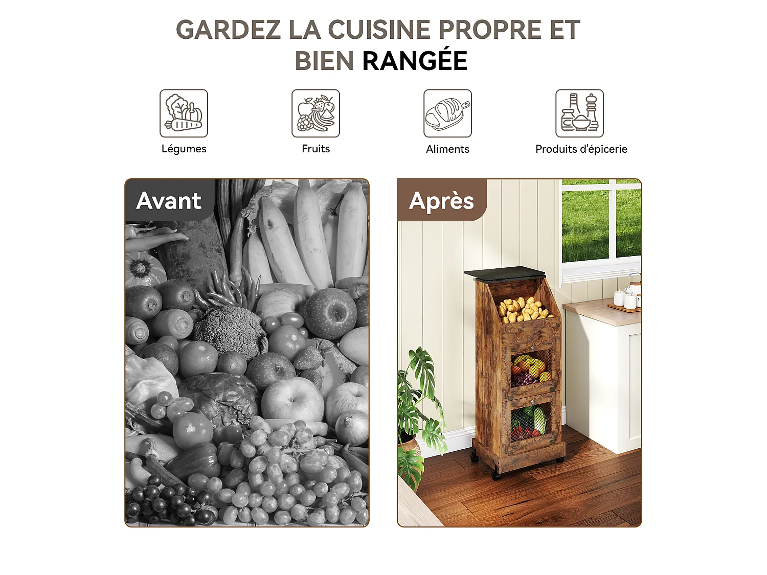 Meuble de rangement de cuisine - Puluomis - 3 compartiments, portes rabattables vers le bas, grille d’aération métallique, roulettes 360° - Brun