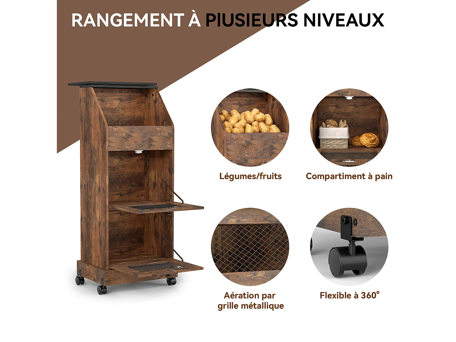 Meuble de rangement de cuisine - Puluomis - 3 compartiments, portes rabattables vers le bas, grille d’aération métallique, roulettes 360° - Brun