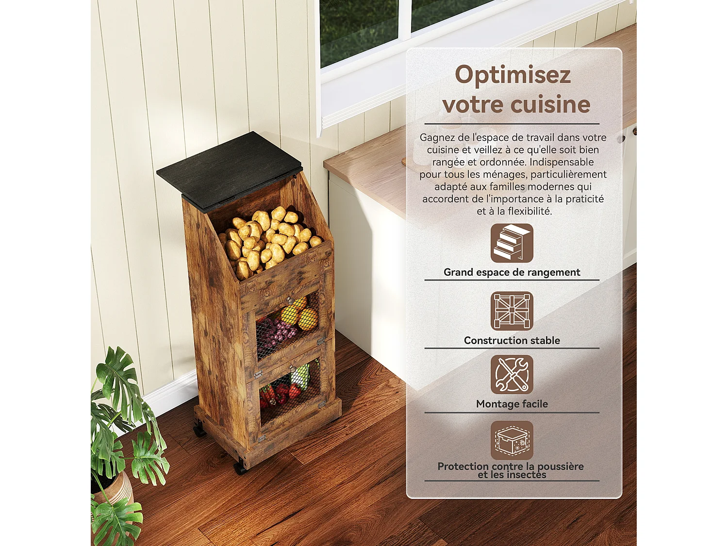 Meuble de rangement de cuisine - Puluomis - 3 compartiments, portes rabattables vers le bas, grille d’aération métallique, roulettes 360° - Brun