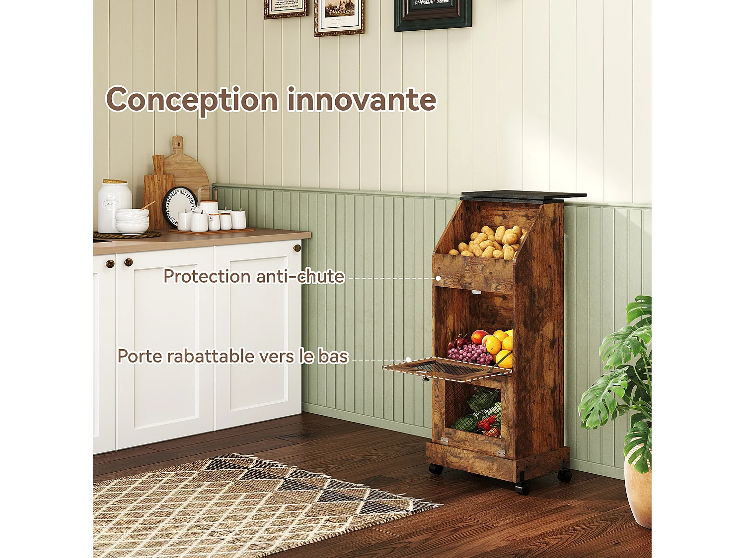 Meuble de rangement de cuisine - Puluomis - 3 compartiments, portes rabattables vers le bas, grille d’aération métallique, roulettes 360° - Brun