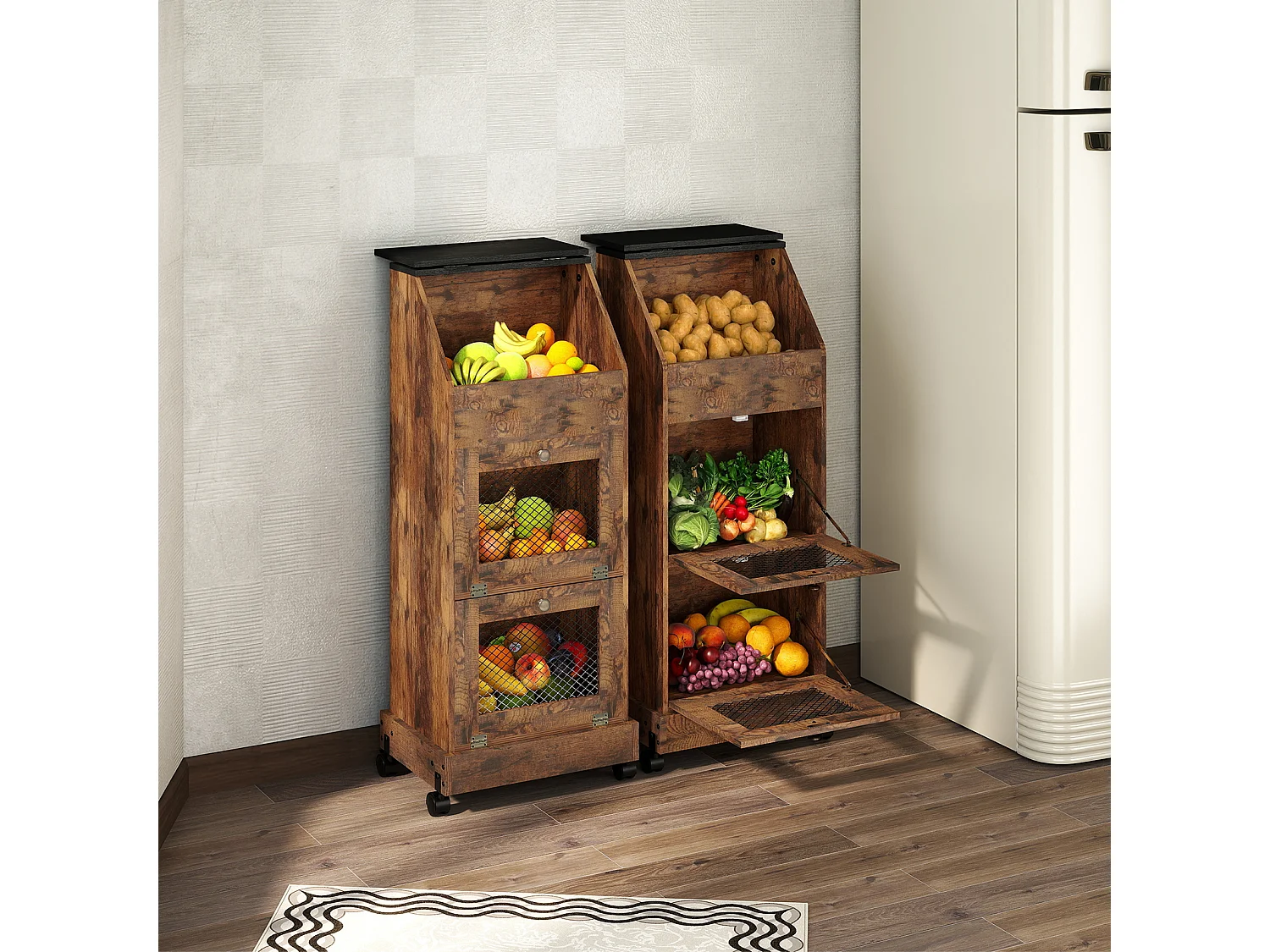 Meuble de rangement de cuisine - Puluomis - 3 compartiments, portes rabattables vers le bas, grille d’aération métallique, roulettes 360° - Brun