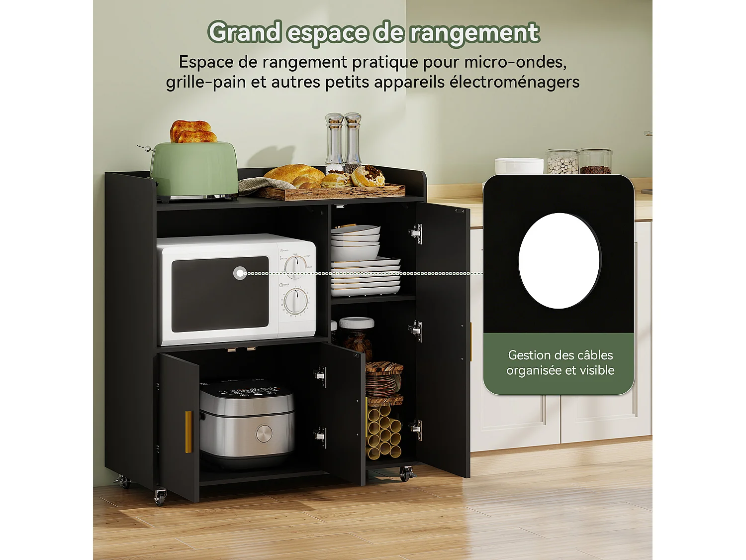Meuble de rangement multifonction - Puluomis - 4 roulettes à frein, poignées métalliques, porte à aimant, trou de passage de câble, grande capacité de charge - Noir