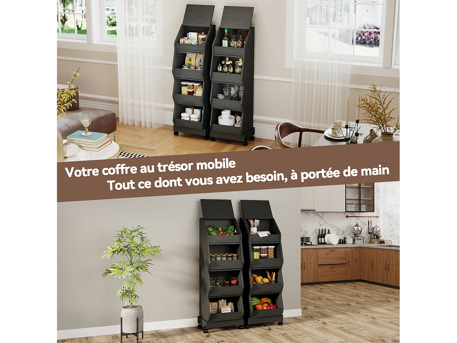 Armoire de rangement de cuisine - Puluomis - 4 compartiments, porte rabattable, roulettes 360°, grille d’aération, charge 20 kg - Noir