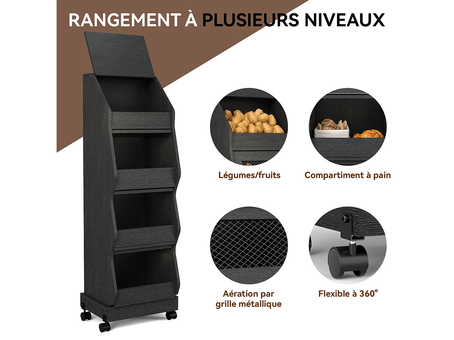 Armoire de rangement de cuisine - Puluomis - 4 compartiments, porte rabattable, roulettes 360°, grille d’aération, charge 20 kg - Noir