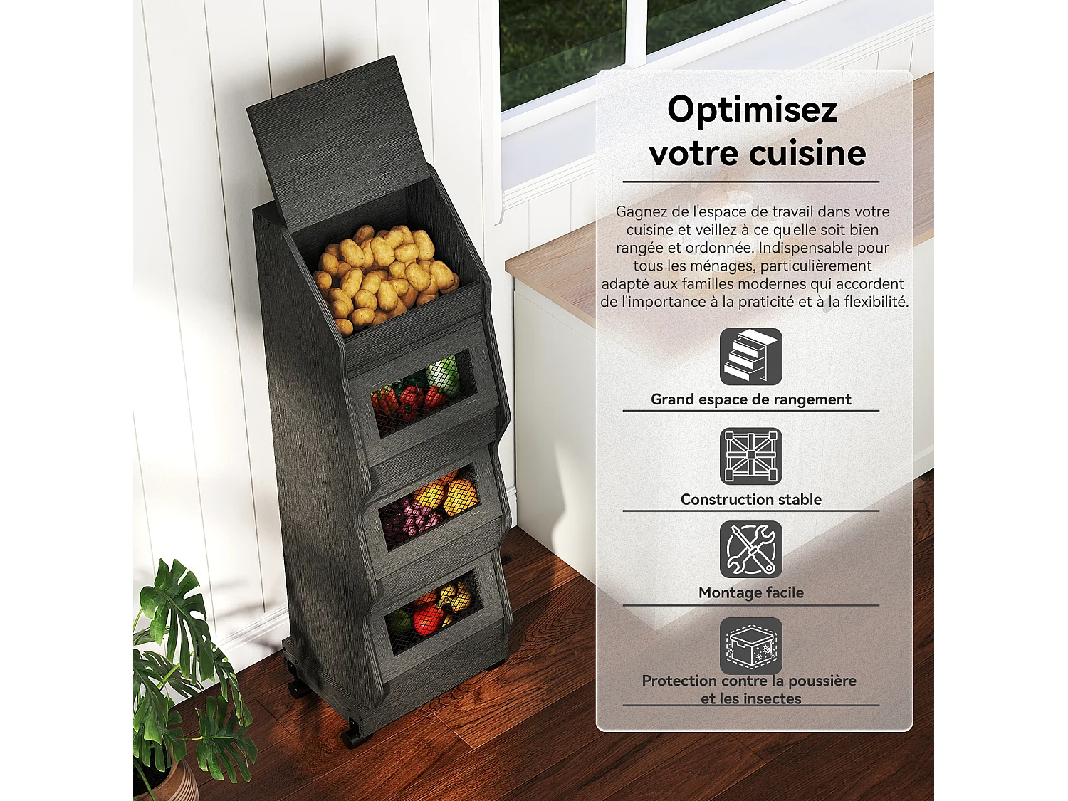 Armoire de rangement de cuisine - Puluomis - 4 compartiments, porte rabattable, roulettes 360°, grille d’aération, charge 20 kg - Noir