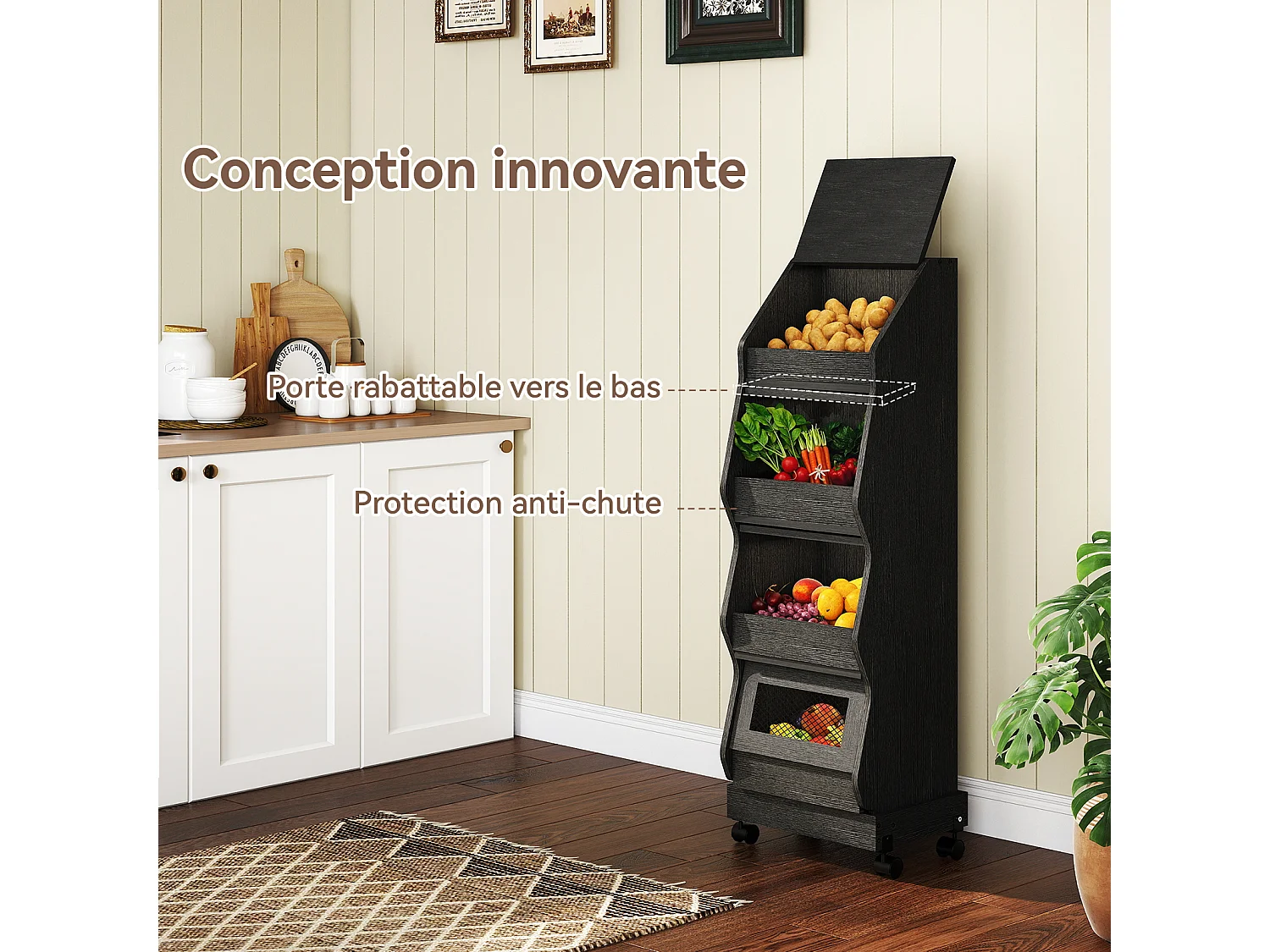 Armoire de rangement de cuisine - Puluomis - 4 compartiments, porte rabattable, roulettes 360°, grille d’aération, charge 20 kg - Noir