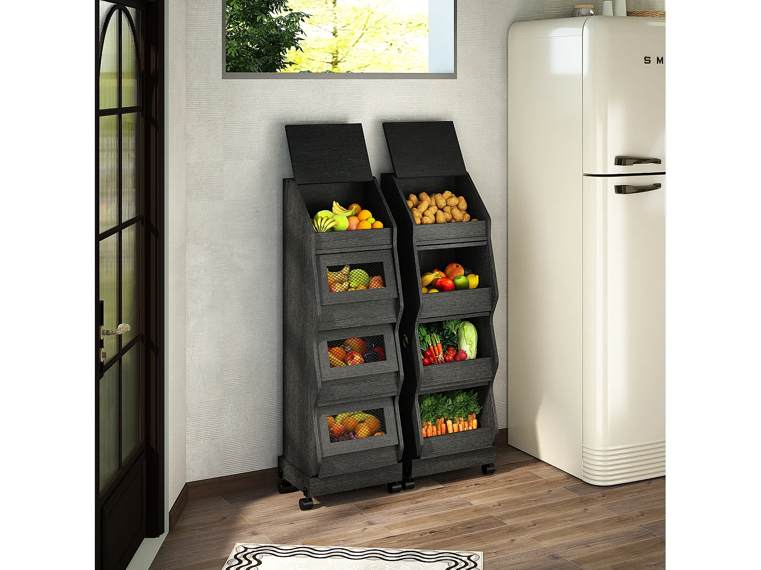 Armoire de rangement de cuisine - Puluomis - 4 compartiments, porte rabattable, roulettes 360°, grille d’aération, charge 20 kg - Noir