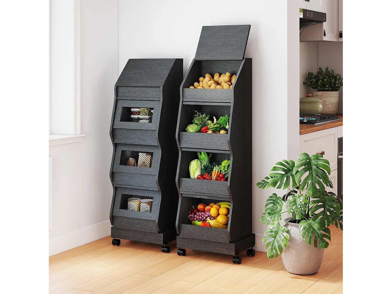 Armoire de rangement de cuisine - Puluomis - 4 compartiments, porte rabattable, roulettes 360°, grille d’aération, charge 20 kg - Noir