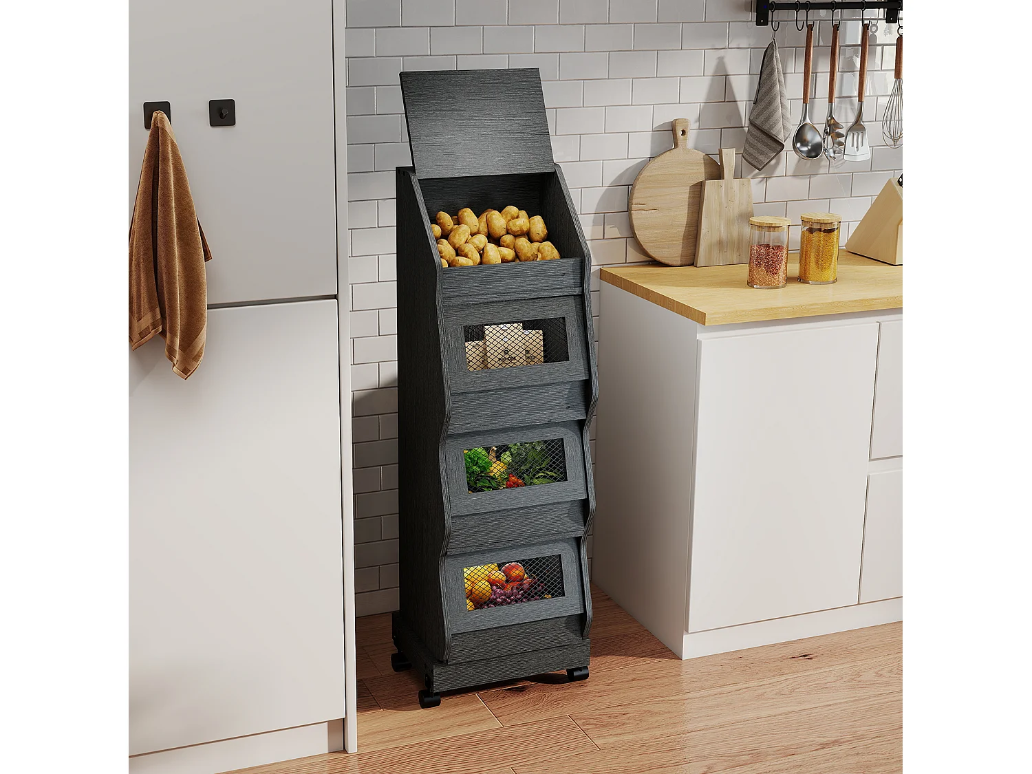 Armoire de rangement de cuisine - Puluomis - 4 compartiments, porte rabattable, roulettes 360°, grille d’aération, charge 20 kg - Noir