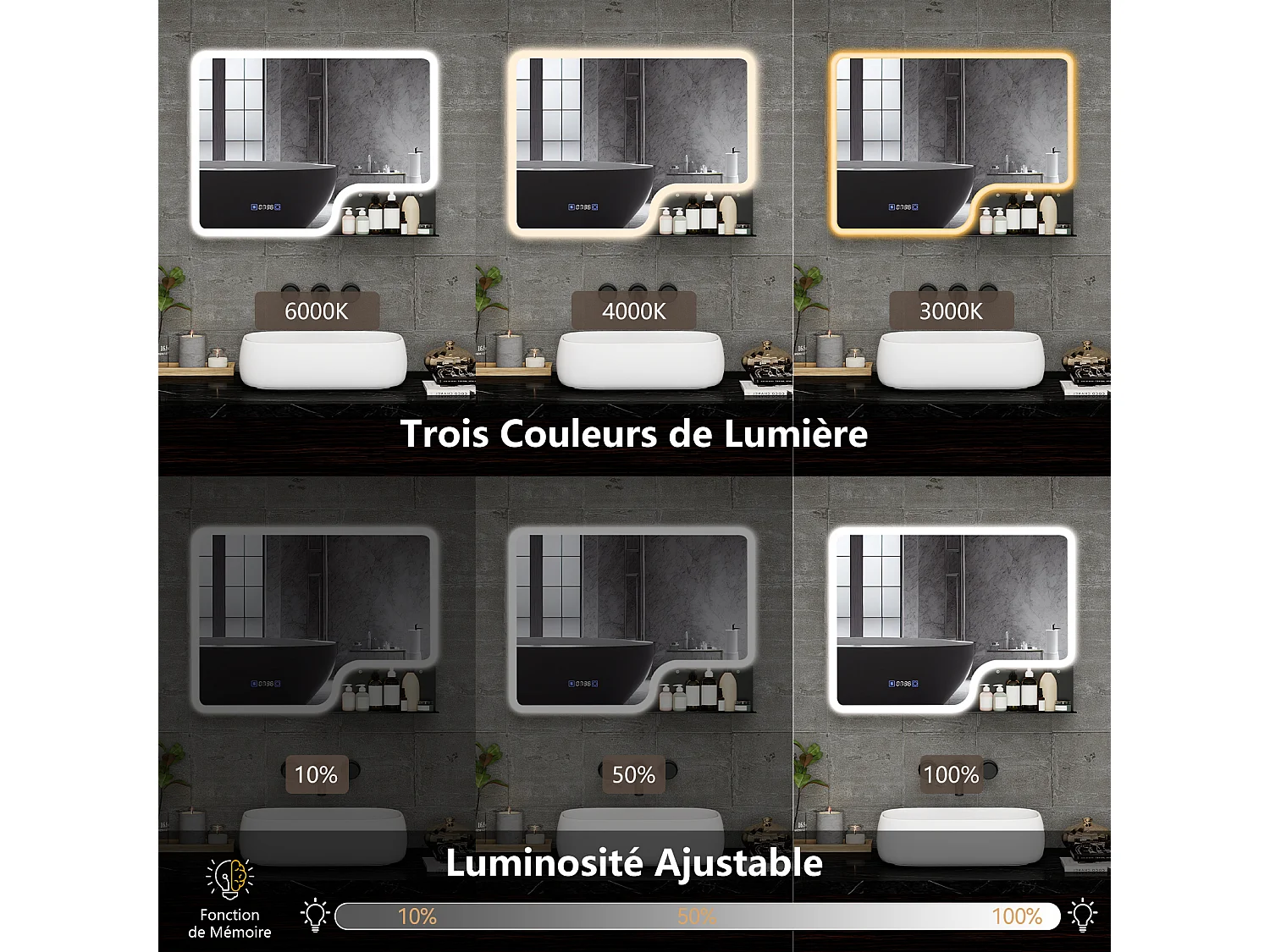 Miroir de salle de bain à LED 80 × 60 cm - Puluomis - éclairage 3 températures, antibuée, écran numérique heure‑température, étagère amovible, noir
