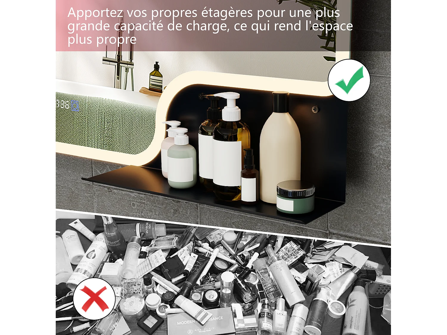 Miroir de salle de bain à LED 80 × 60 cm - Puluomis - éclairage 3 températures, antibuée, écran numérique heure‑température, étagère amovible, noir