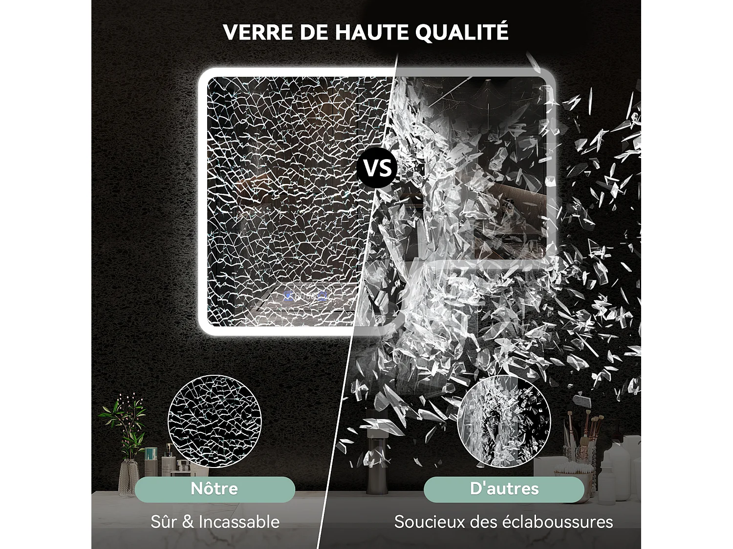 Miroir de salle de bain à LED 80 × 60 cm - Puluomis - éclairage 3 températures, antibuée, écran numérique heure‑température, étagère amovible, noir