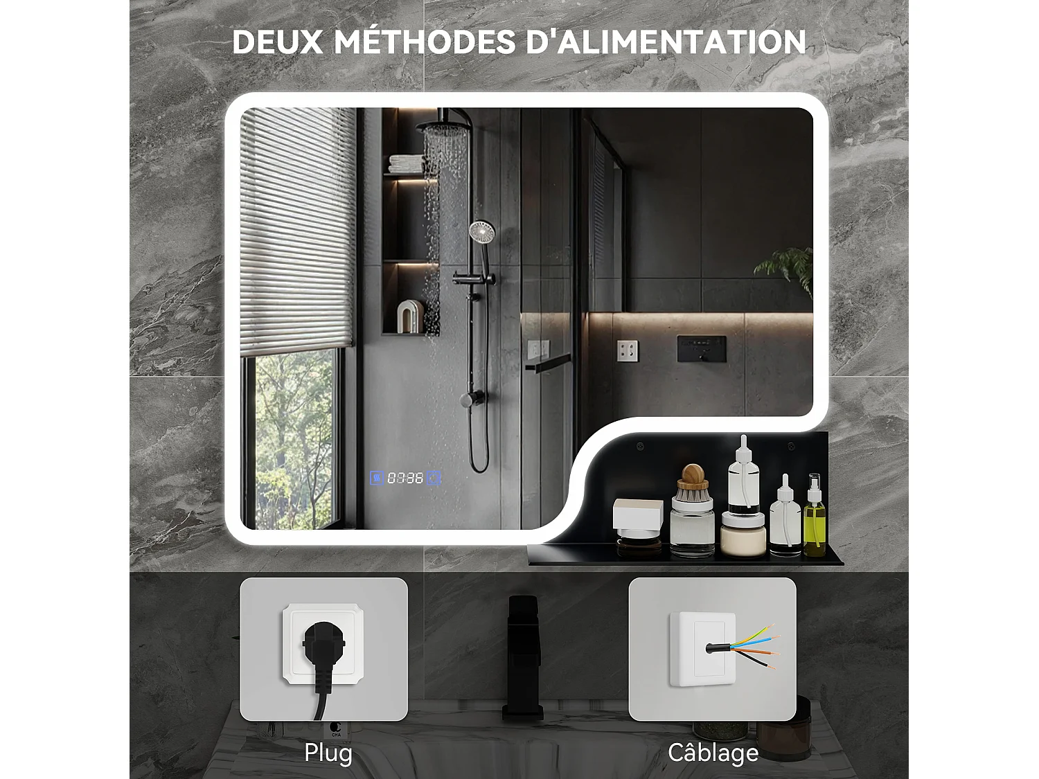 Miroir de salle de bain à LED 80 × 60 cm - Puluomis - éclairage 3 températures, antibuée, écran numérique heure‑température, étagère amovible, noir