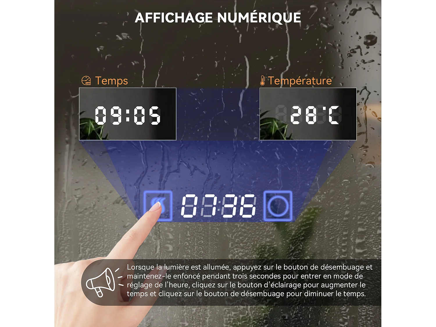 Miroir de salle de bain à LED 80 × 60 cm - Puluomis - éclairage 3 températures, antibuée, écran numérique heure‑température, étagère amovible, noir