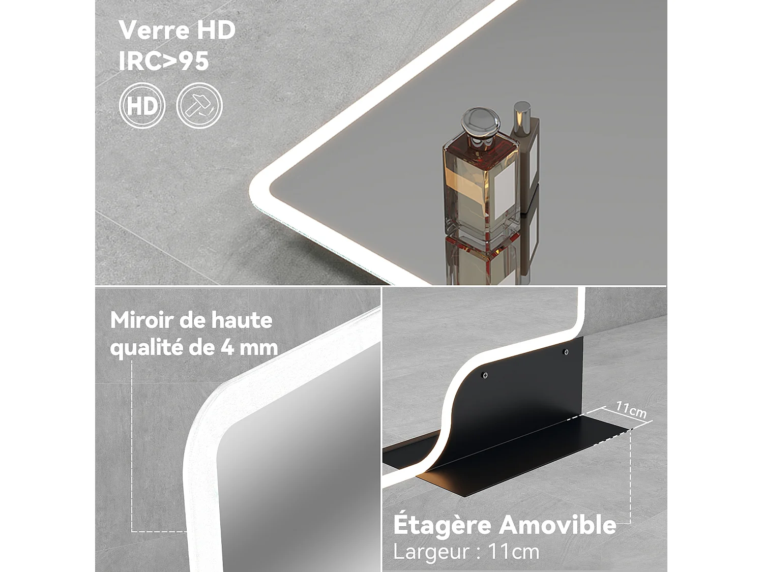 Miroir de salle de bain à LED 80 × 60 cm - Puluomis - éclairage 3 températures, antibuée, écran numérique heure‑température, étagère amovible, noir