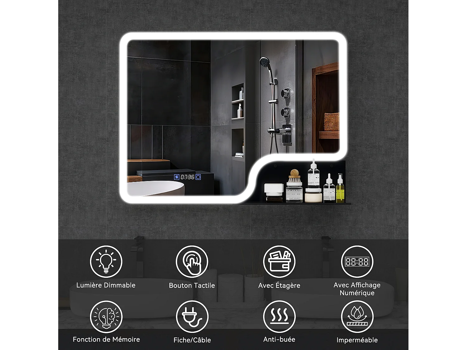 Miroir de salle de bain à LED 80 × 60 cm - Puluomis - éclairage 3 températures, antibuée, écran numérique heure‑température, étagère amovible, noir