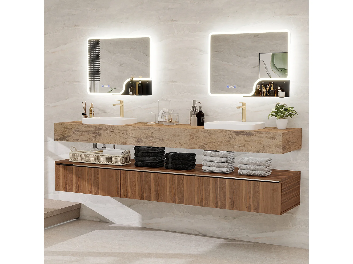 Miroir de salle de bain à LED 80 × 60 cm - Puluomis - éclairage 3 températures, antibuée, écran numérique heure‑température, étagère amovible, noir