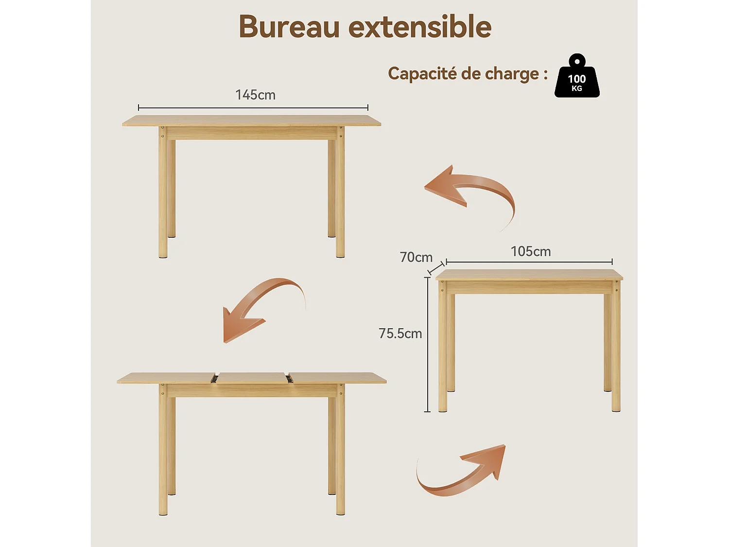 Table à manger extensible - Puluomis - Dimensions 105‑145 cm, charge 100 kg, surface imperméable, rangement intérieur, angles arrondis - Naturel