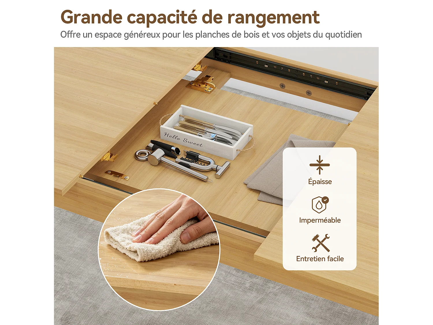 Table à manger extensible - Puluomis - Dimensions 105‑145 cm, charge 100 kg, surface imperméable, rangement intérieur, angles arrondis - Naturel