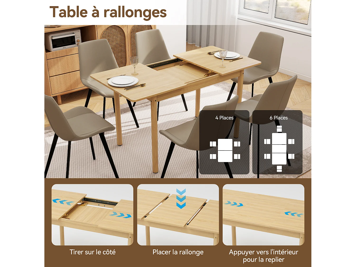 Table à manger extensible - Puluomis - Dimensions 105‑145 cm, charge 100 kg, surface imperméable, rangement intérieur, angles arrondis - Naturel