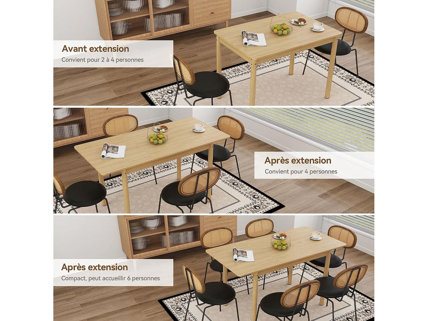 Table à manger extensible - Puluomis - Dimensions 105‑145 cm, charge 100 kg, surface imperméable, rangement intérieur, angles arrondis - Naturel