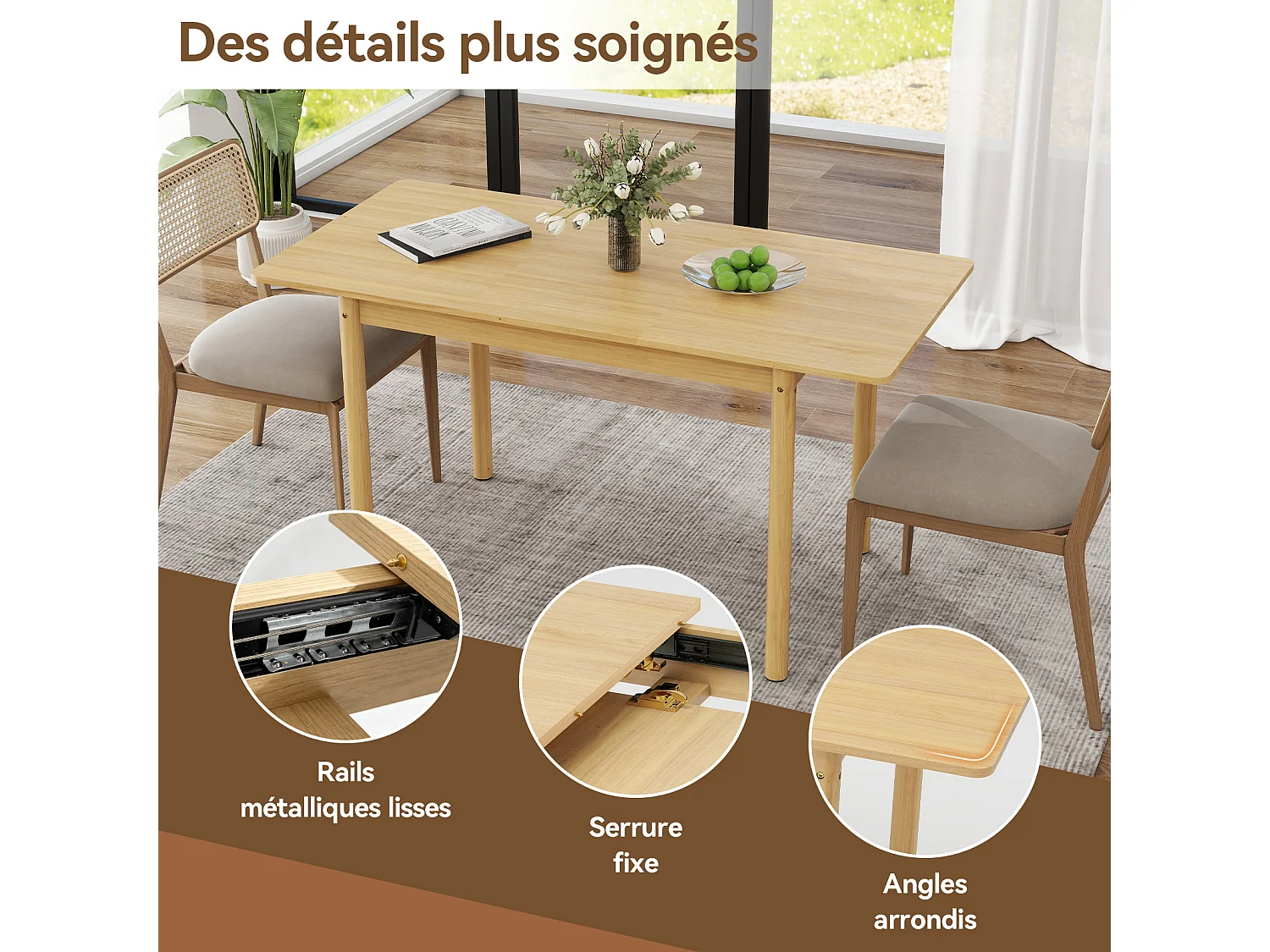 Table à manger extensible - Puluomis - Dimensions 105‑145 cm, charge 100 kg, surface imperméable, rangement intérieur, angles arrondis - Naturel