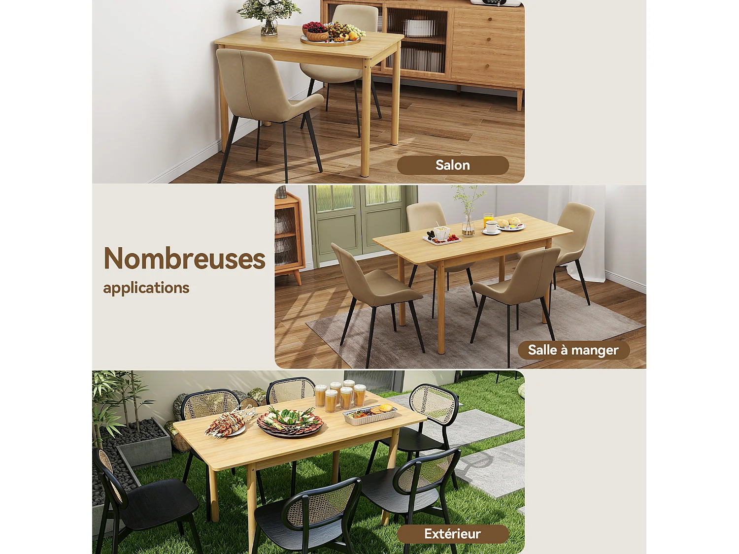 Table à manger extensible - Puluomis - Dimensions 105‑145 cm, charge 100 kg, surface imperméable, rangement intérieur, angles arrondis - Naturel