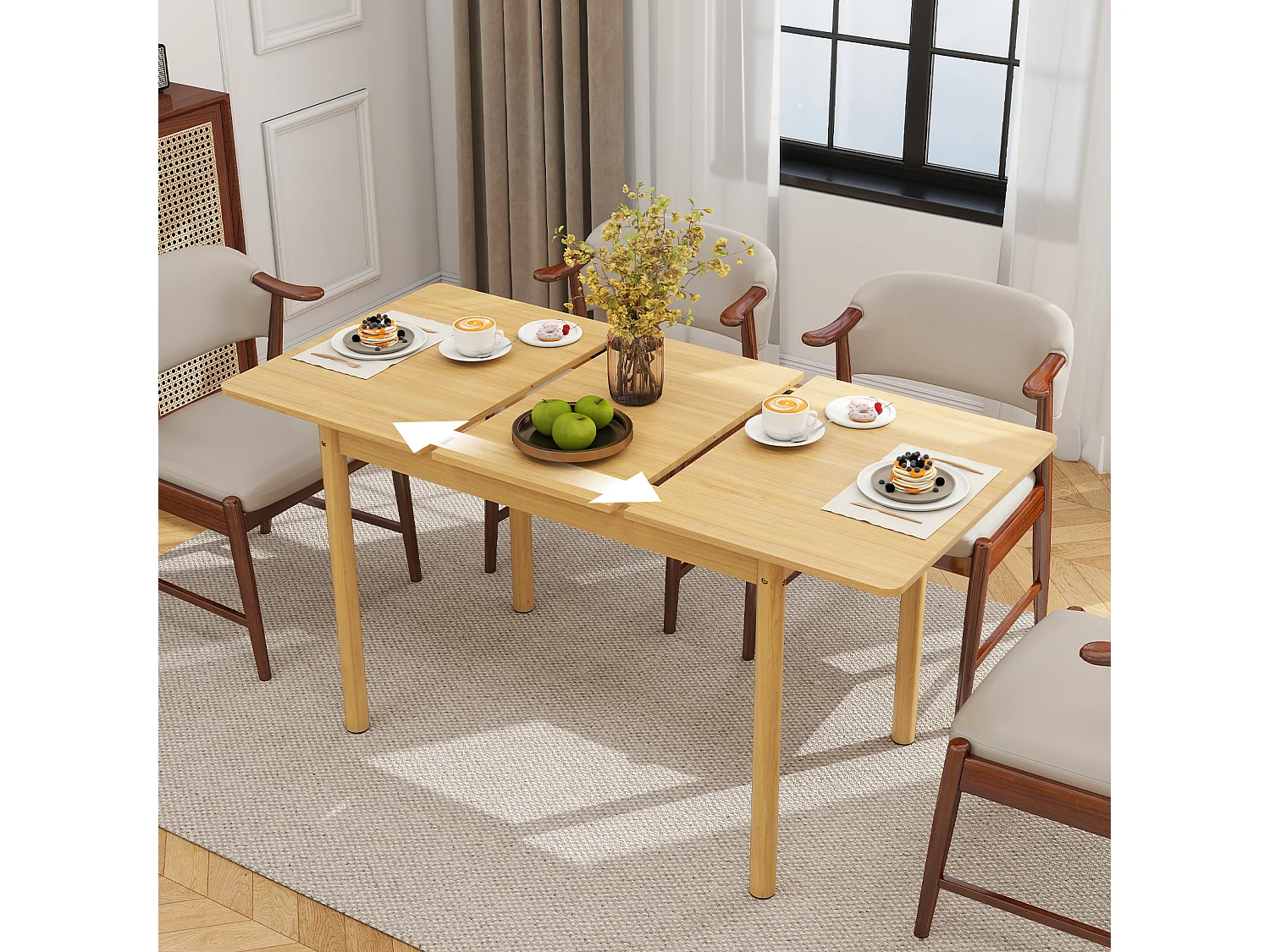 Table à manger extensible - Puluomis - Dimensions 105‑145 cm, charge 100 kg, surface imperméable, rangement intérieur, angles arrondis - Naturel