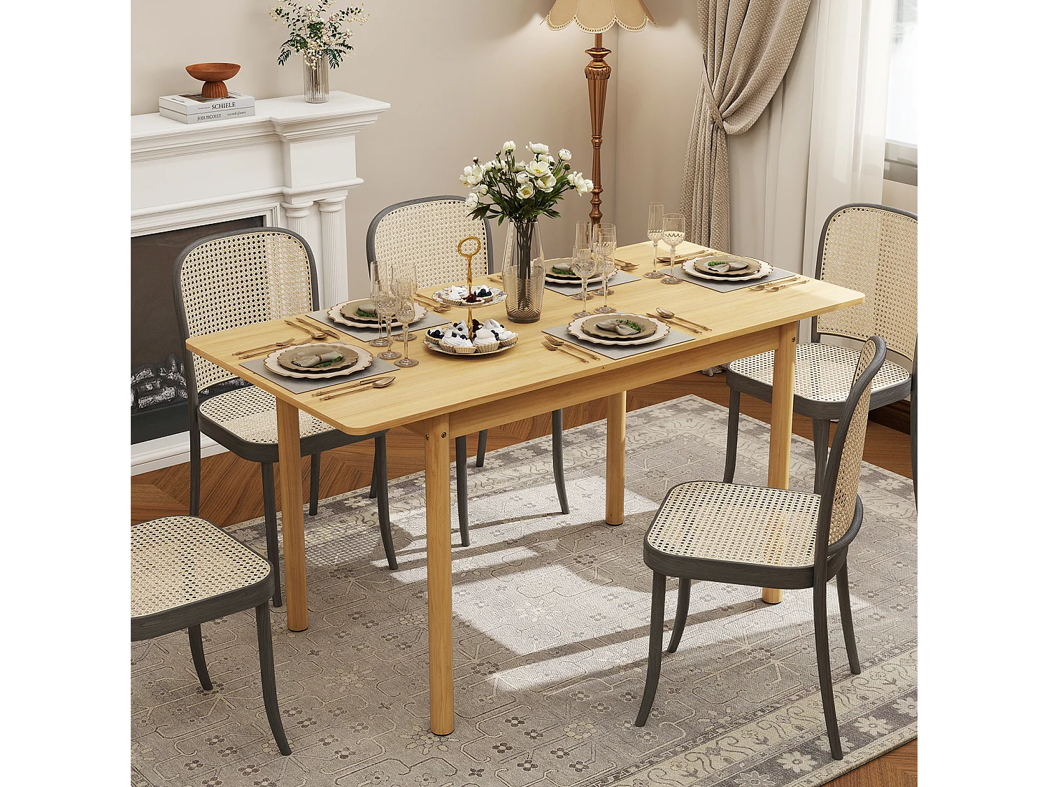 Table à manger extensible - Puluomis - Dimensions 105‑145 cm, charge 100 kg, surface imperméable, rangement intérieur, angles arrondis - Naturel