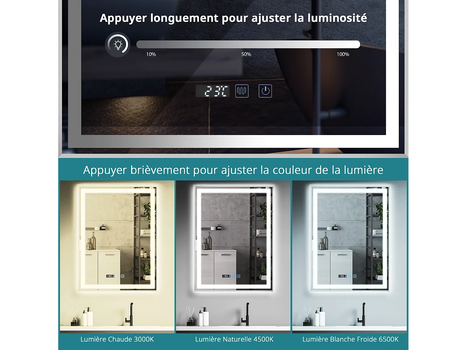 Miroir de salle de bain à LED 100 x 80 cm - Puluomis - éclairage réglable, anti‑buée, affichage horaire - Argent