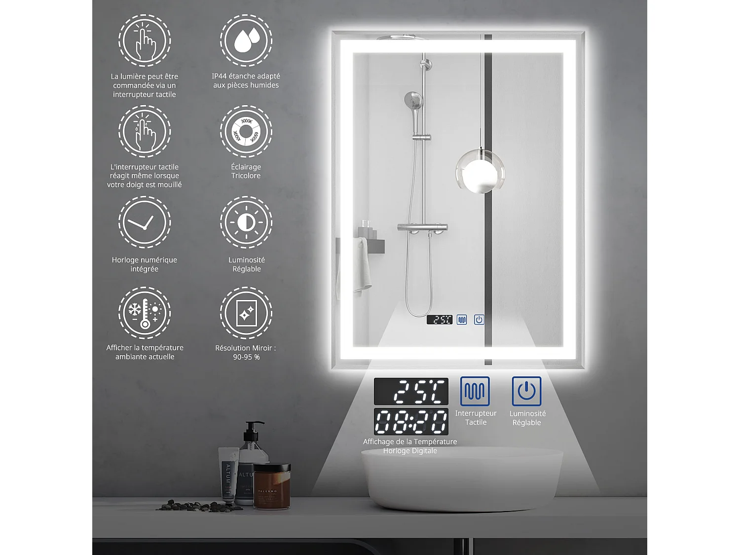 Miroir de salle de bain à LED 100 x 80 cm - Puluomis - éclairage réglable, anti‑buée, affichage horaire - Argent