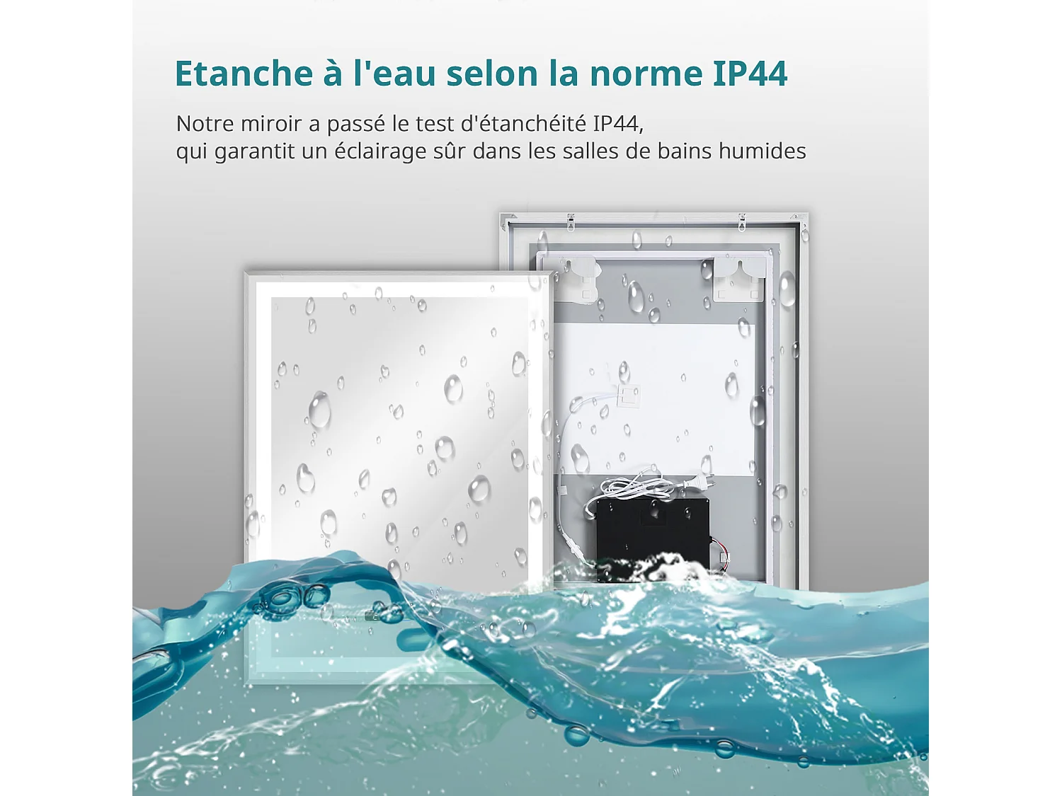 Miroir de salle de bain à LED 100 x 80 cm - Puluomis - éclairage réglable, anti‑buée, affichage horaire - Argent