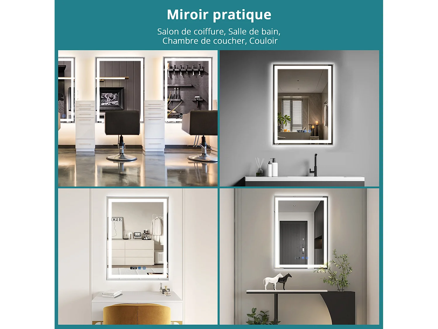 Miroir de salle de bain à LED 100 x 80 cm - Puluomis - éclairage réglable, anti‑buée, affichage horaire - Argent