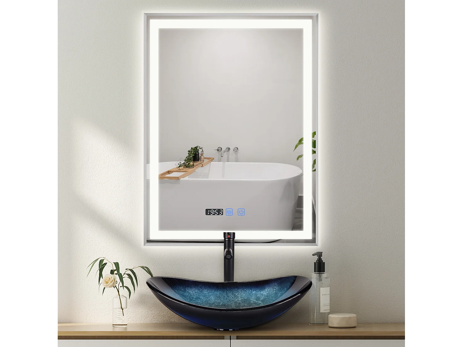 Miroir de salle de bain à LED 100 x 80 cm - Puluomis - éclairage réglable, anti‑buée, affichage horaire - Argent